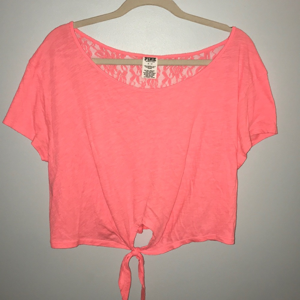 PINK coral crop tee with lace back and tie front